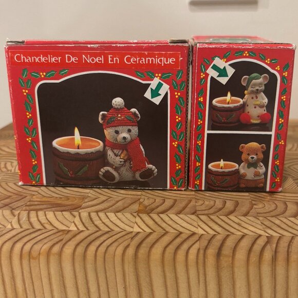 Ceramic Candle Holder Teddy Bear & Mouse - Set of 2 Vintage Votive Holders - Picture 1 of 11